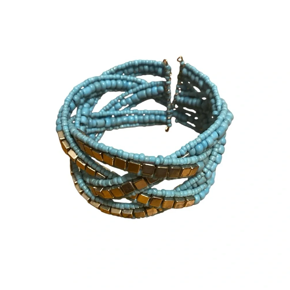 Beaded Silver and Blue Cuff Bracelet